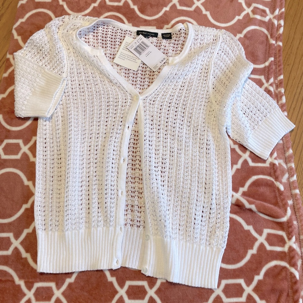 JEANNE PIERRE White Open Knit Short Sleeve Cardigan